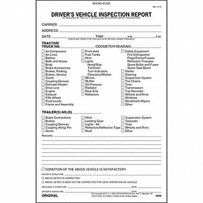 JJ KELLER 1854 Vehicle Inspection Form 2 Ply Carbonless