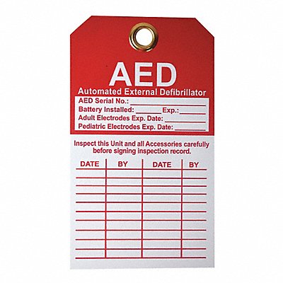 GRAINGER 38N693 AED Inspection Tag 5x4