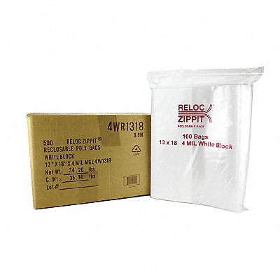 RELOC ZIPPIT 4WR1318 Reclosable Poly Bag Zip Seal PK500