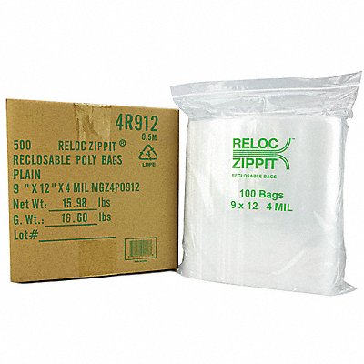 RELOC ZIPPIT 4R912 Reclosable Poly Bag Zip Seal PK500