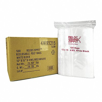 RELOC ZIPPIT 4WR1215 Reclosable Poly Bag Zip Seal PK500