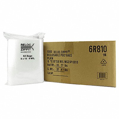 RELOC ZIPPIT 6R810 Reclosable Poly Bag Zip Seal PK1000