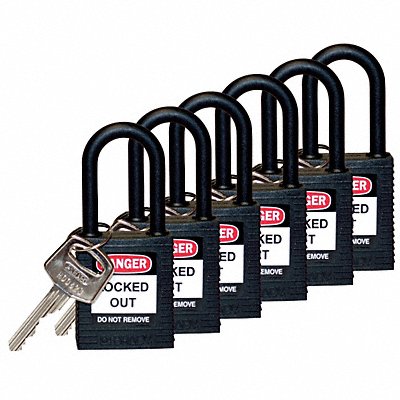BRADY 123356 H1705 Lockout Padlock KD Black 1-3/4 H PK6