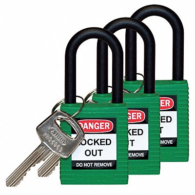 BRADY 123335 H1706 Lockout Padlock KA Green 1-3/4 H PK3