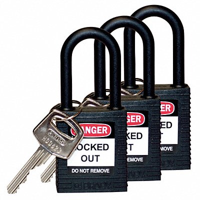 BRADY 123338 H1706 Lockout Padlock KA Black 1-3/4 H PK3
