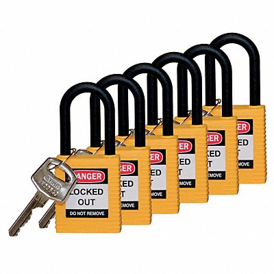 BRADY 123345 H1707 Lockout Padlock KA Yellow 1-3/4 H PK6