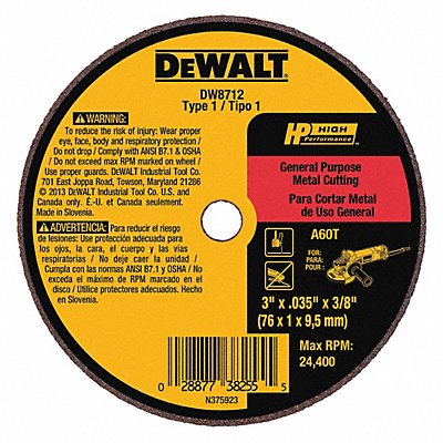 DEWALT DW8712 Abrasive Cut Off Wheel 3/8 Connect. A60T