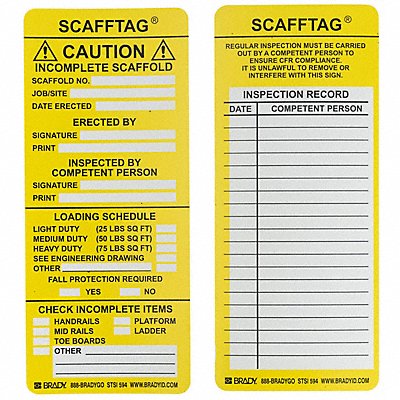 BRADY SCAFSTSI594 Tag 7 5/8 in H 3 1/8 in W Plastic PK100