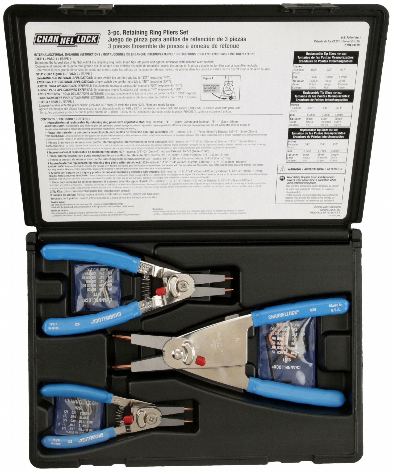 CHANNELLOCK RT3 Retaining Ring Plier Set 15 90 Deg 3 pc