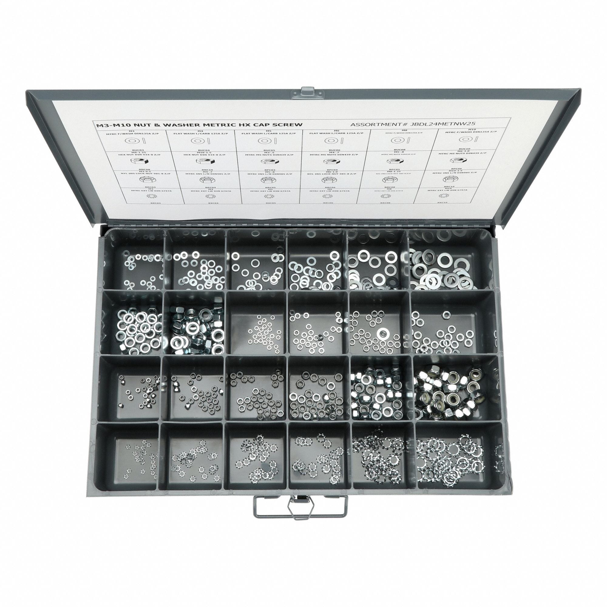 GRAINGER JBDL24METNW25 Nut/Washer Assort Hex 600pcs Zinc Plated