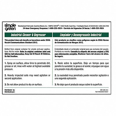 40TD96 SIMPLE GREEN 9510000000000 Secondary Bottle Label Paper PK10