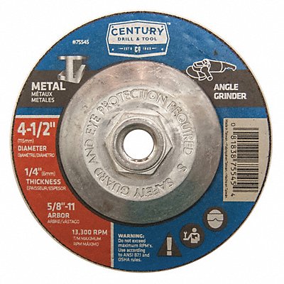 CENTURY DRILL AND TOOL 75545 Metal Grinding Wheel 4-1/2x1/4in Type 27