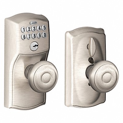 SCHLAGE RESIDENTIAL FE595CAM619GEO Push Button Lockset Knob Satin Nickel