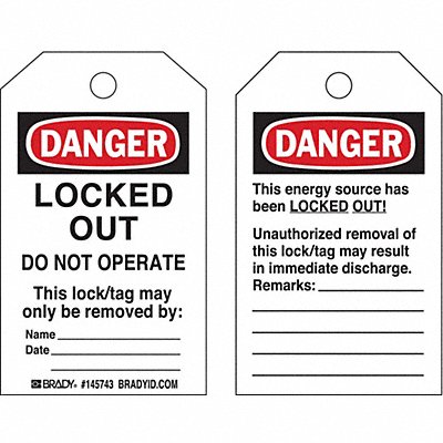 BRADY 145769 Danger Tag Locked Out Do Not Operte PK10