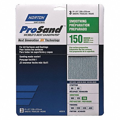 NORTON 7660768160 Sandpaper Sheet 11 in L 9 in W PK3
