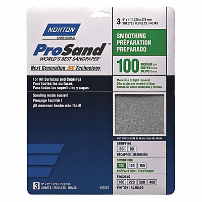 NORTON 7660768162 Sandpaper Sheet 11 in L 9 in W PK3