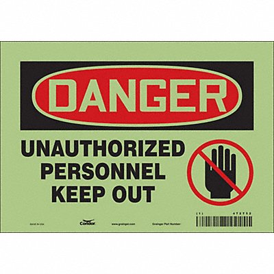 CONDOR 472T52 Safety Sign 14 inx10 in Glow Vinyl