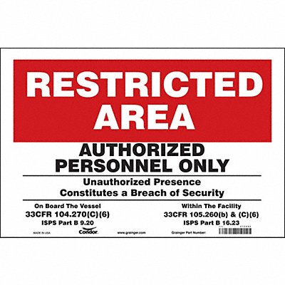 CONDOR 472X82 Safety Sign 12 in x 18 in Vinyl