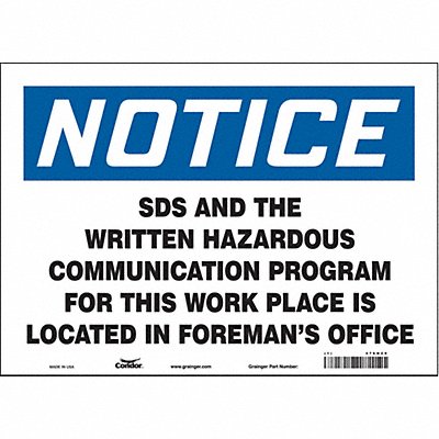 CONDOR 476H29 Safety Sign 10 in x 14 in Vinyl