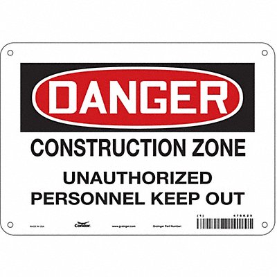 CONDOR 476K29 Safety Sign 7 in x 10 in Polyethylene