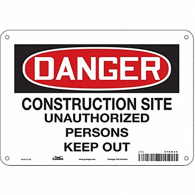 CONDOR 476K45 Safety Sign 7 in x 10 in Polyethylene