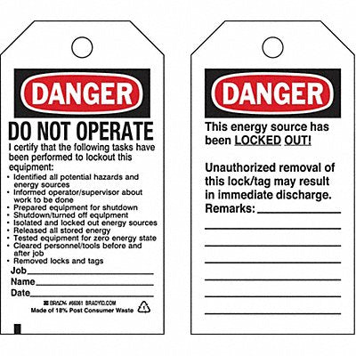BRADY 133491 Lockout Tag 5-3/4 H 3 W Paper PK25