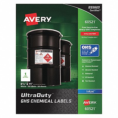 AVERY 7278260521 Chem Label 8-1/2 W x 11 H 50 Labels PK50