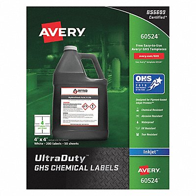 AVERY 7278260524 Chem Label 4 W x 4 H 200 Labels PK200