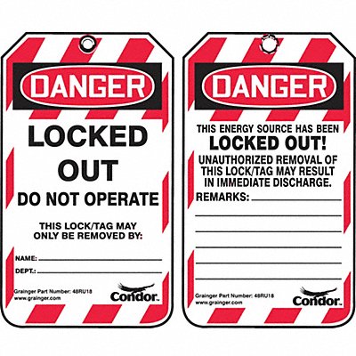 CONDOR 48RU18 Lockout Tag 3-1/4 inWx5-3/4 in H PK100