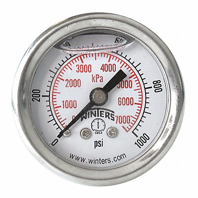 WINTERS PFQ1233 Pressure Gauge 1-1/2 Dial Size Silver