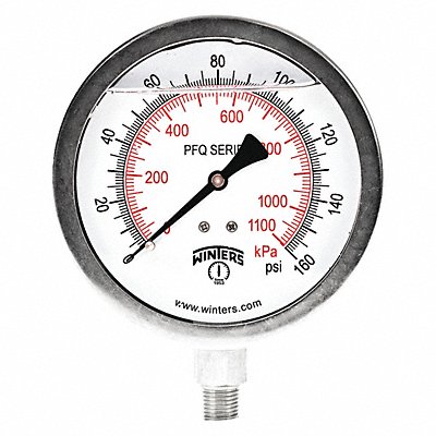 WINTERS PFQ772DRY Pressure Gauge 4 Dial Size Silver