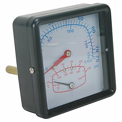 GRAINGER 4CFC7 Boiler Gauge Square 0-75 PSI 60 to 260 F