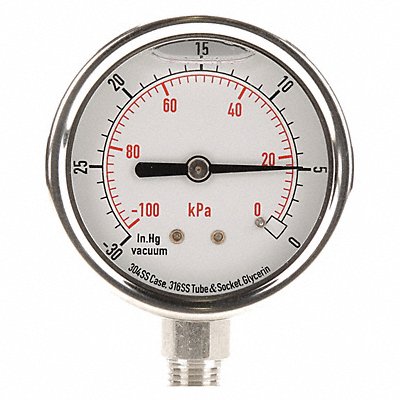 GRAINGER 4CFG9 D1364 Vacuum Gauge Liquid Filled 2-1/2 In
