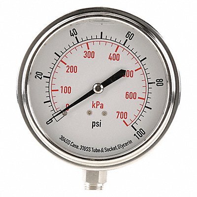 GRAINGER 4CFJ9 D1368 Pressure Gauge Liquid Filled 3-1/2 In