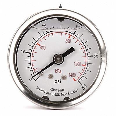 GRAINGER 4CFP3 D1361 Pressure Gauge Liquid Filled 2 In
