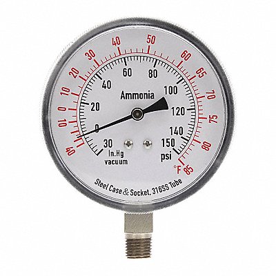 GRAINGER 4CFW8 Compound Gauge Ammonia 3 1/2 In 150 Psi