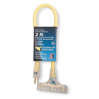POWER FIRST 4DB72 Lighted Extension Cord 2ft 12Ga 15A STW Yel