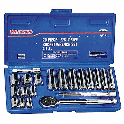 WESTWARD 4PL98 Socket Wrench Set SAE 3/8 in Dr 20 pc