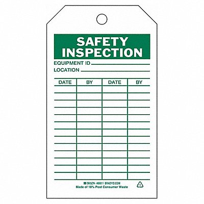 BRADY 86611 Saf Inspection Tag 7 x 4 In Grn/Wht PK10