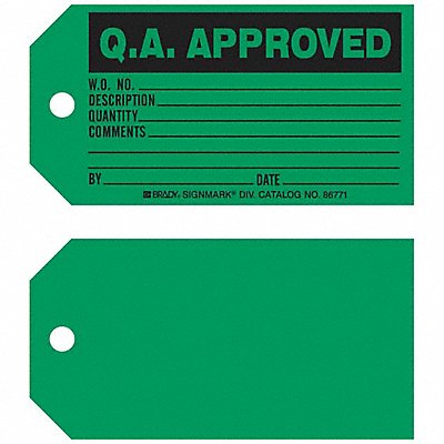 BRADY 86771 Q.A. Apvd Tag 3 x 5-3/4 In Bk/Grn PK100