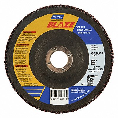 NORTON 66261132137 Fiber Disc 6 in Dia 7/8in Arbor 80 Grit