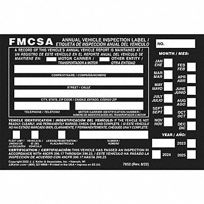 JJ KELLER 7852 Vehicle Inspection Label Bilingual