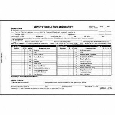 JJ KELLER 12915 Canadian Driver Vehicle Inspection Form