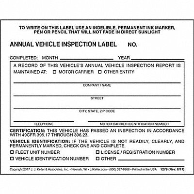JJ KELLER 1279 Vehicle Inspection Decal Vinyl PK10