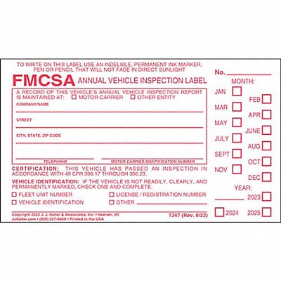 JJ KELLER 1347 Vehicle Inspection Decal Vinyl PK10