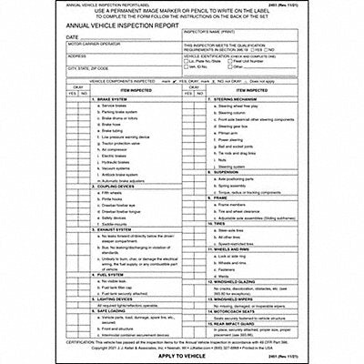 JJ KELLER 2451 Vehicle Inspection Report/Label PK10