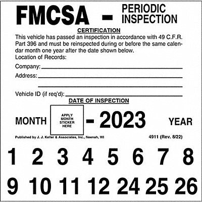 JJ KELLER 4911 FMCSA Periodic Inspection Label PK10