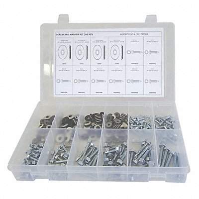 GRAINGER CPS1ZA73GR Screw/Washer Assort Hex 260pcs Zinc