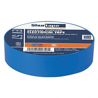 SHURTAPE EV057 Elec Tape 66 ft Lx3/4 in W 7 mil Blue
