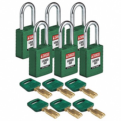 BRADY NYLGRN38STKD6PK Lockout Padlock Nylon Grn 1-13/16 H PK6